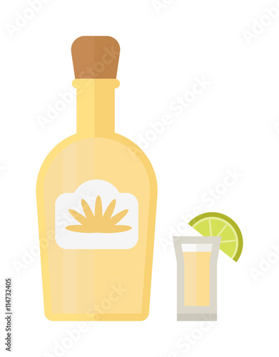 Bottle of gold tequila and shot glass with lime slice. Isolated on white background tequila bottle mexican liquor. Citrus party tequila bottle taste garnish cool refreshment alcohol.