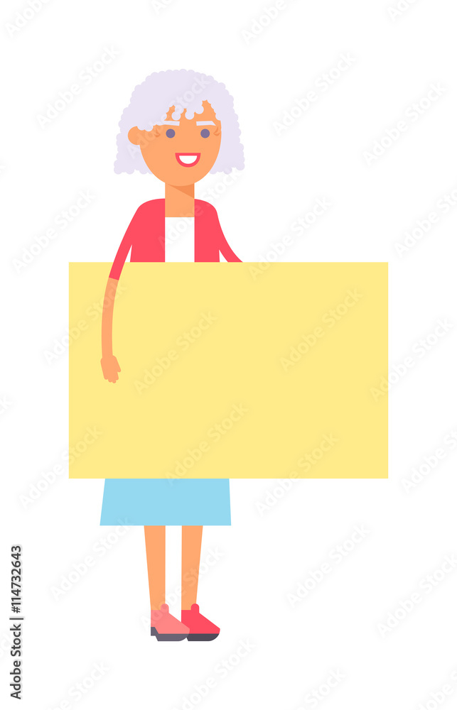 Woman hold big banner isolated on white background for your text. Young happy smile granny woman standing hold pointing her finger blank board, attractive girl wear blue dress. Woman hold big banner isolated on white background for your text. Young happy smile granny woman standing hold pointing her finger blank board, attractive girl wear blue dress.