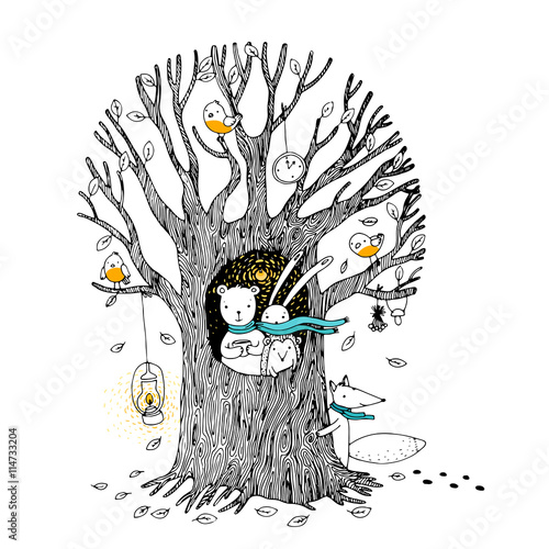 Autumn tree, bear, hare, hedgehog, fox and birds.
