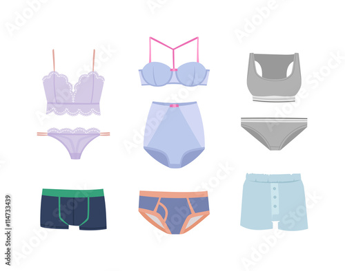 Underwear isolated male and female underwear isolated on white background. Underwear isolated vector clothing cotton textile pants and underwear isolated beauty bra woman accessory design.