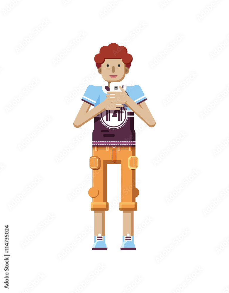 illustration isolated of European redhead man with freckles in short orange pants, smartphone in hand illustration isolated of European redhead man with freckles in short orange pants, smartphone in hand