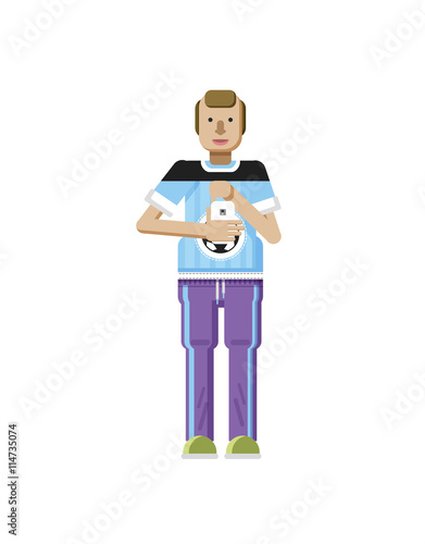 illustration isolated of European man with blond hair, receding hairline, smartphone in hand