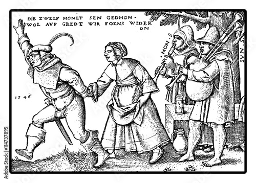 Εκτύπωση καμβά XVI century, peasants playing and dancing