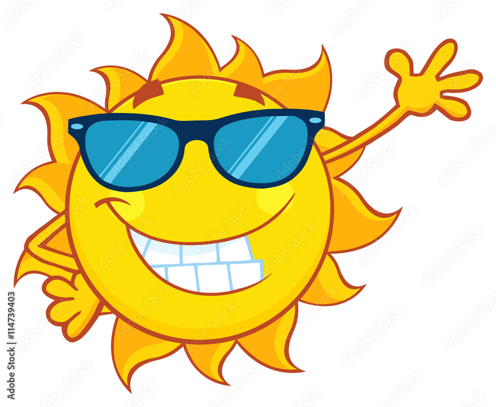 Smiling Sun Cartoon Mascot Character With Sunglasses Waving For Greeting