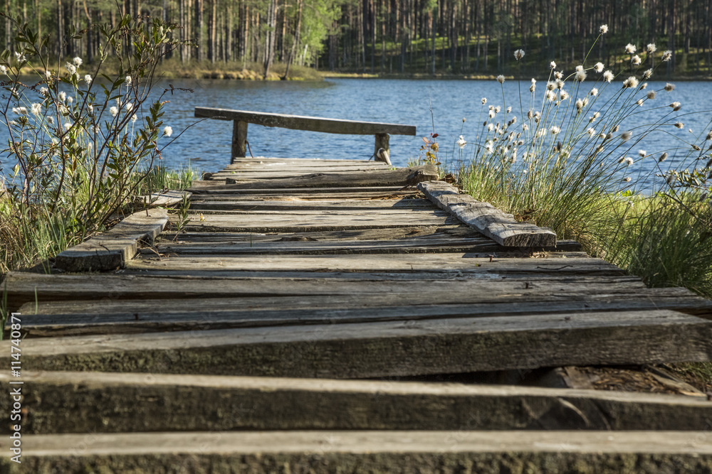 Fototapeta premium the old wooden footbridge at the lake