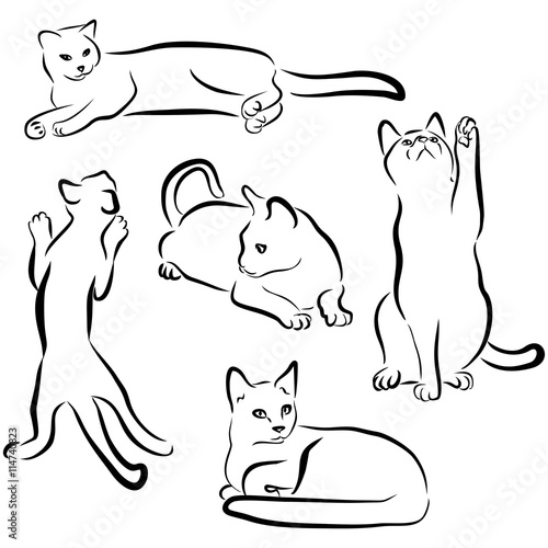 Vector cats silhouettes collection isolated on white background. Black contours of animals. Cat drawn in different poses: playing, sitting, lying. Sweet home pet. Graphic clip art illustration design