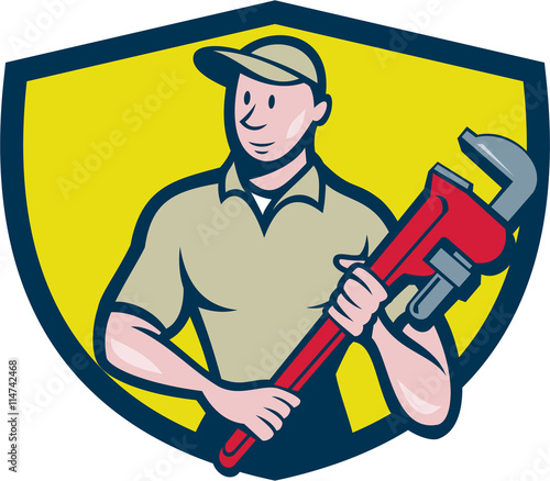 Plumber Holding Monkey Wrench Crest Cartoon