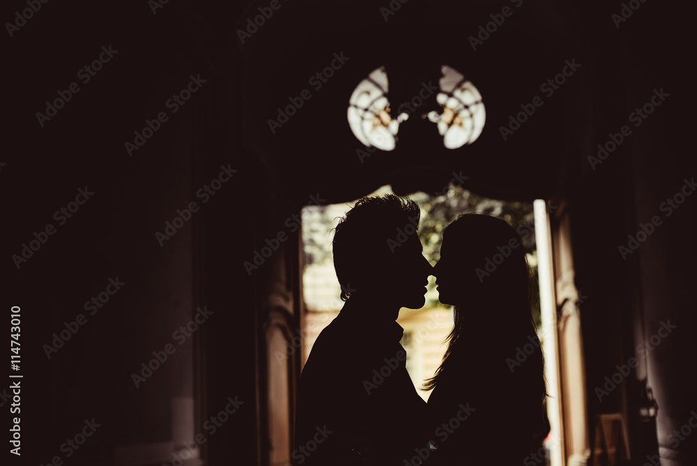 Silhouette of happy kissing newlyweds