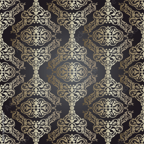 Vector vintage damask seamless pattern background. Elegant luxury texture for wallpapers, backgrounds and page fill. Golden elements with shadows and highlights. Paper cut.