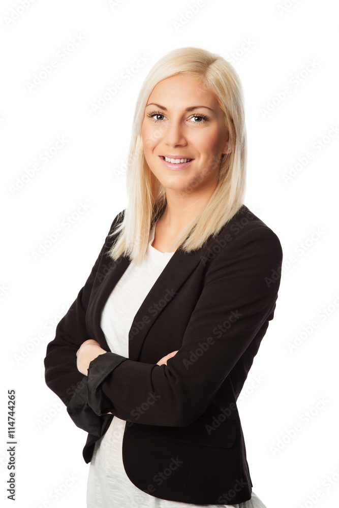 An attractive blonde businesswoman standing in front of a white background smiling towards camera. An attractive blonde businesswoman standing in front of a white background smiling towards camera.