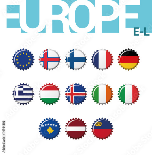 Vector set of 13 bottle cap flags of Europe (E-L). Set 2 of 4. European Union, Faroe Islands, Finland, France, Germany, Greece, Hungary, Iceland, Ireland, Italy, Kosovo, Latvia, Liechtenstein.