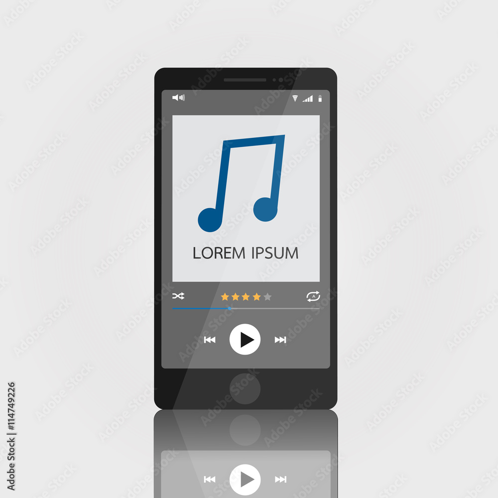 Smartphone with music player interface template, elegant design. Clean and modern style. Vector illustration. EPS10 Smartphone with music player interface template, elegant design. Clean and modern style. Vector illustration. EPS10