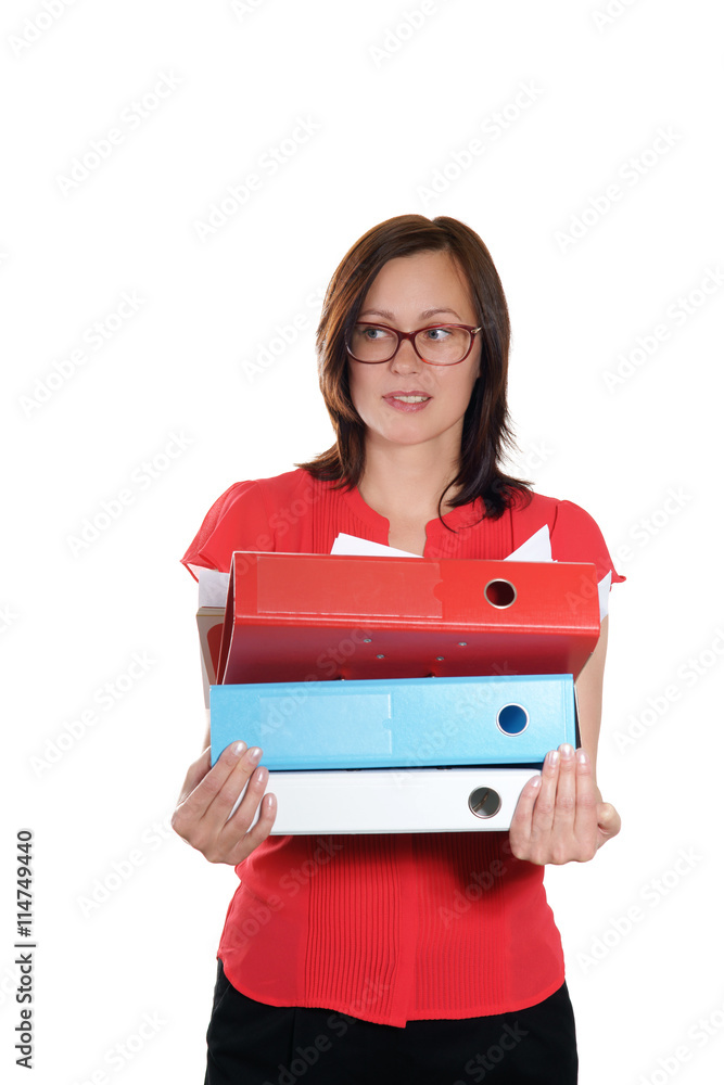 Young business woman with pile of ring binder Young business woman with pile of ring binder
