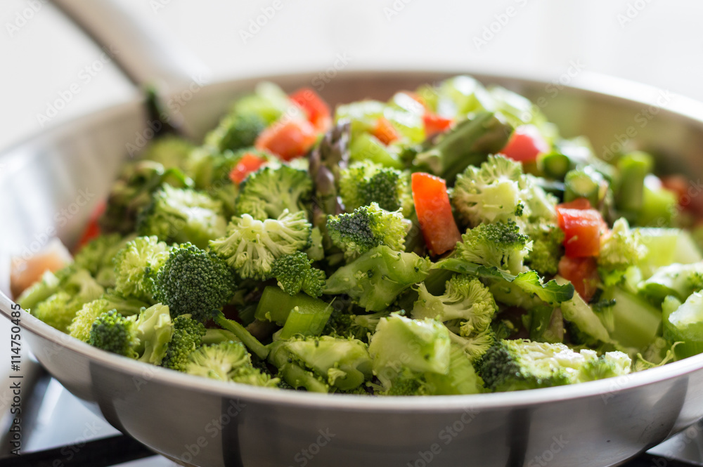Colorful stir-fry vegetables and chicken in a pan on the stove Colorful stir-fry vegetables and chicken in a pan on the stove