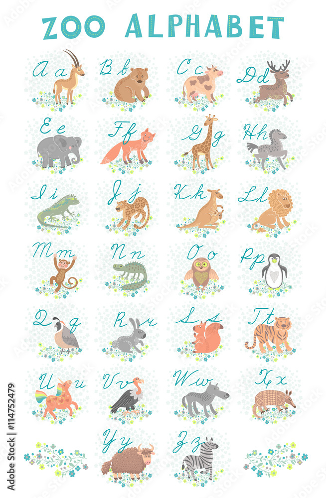 Cute vector zoo alphabet. Funny cartoon animals. Letters. Learn to read and write.