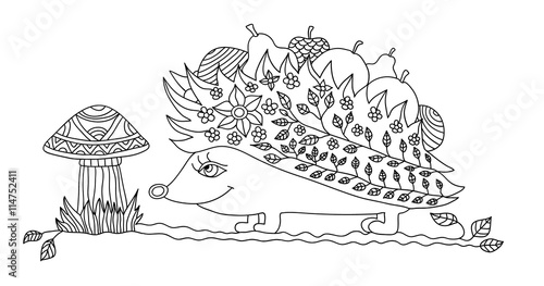 Coloring page for adults. Hand drawn illustration with zentangle patterns. Funny hedgehog gathered fruits and found a big mushroom, coloring book page