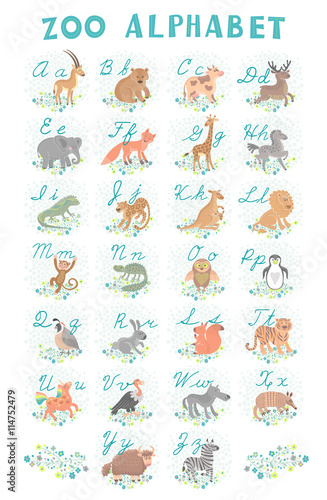 Fototapeta Naklejka Na Ścianę i Meble -  Cute vector zoo alphabet. Funny cartoon animals. Letters. Learn to read and write.