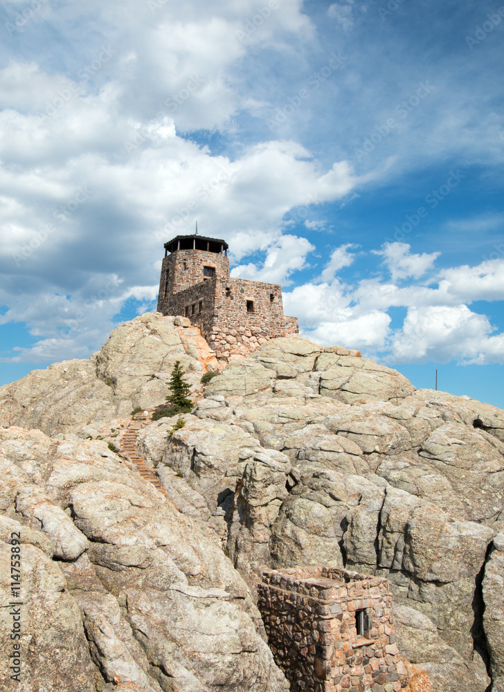 Harney Peak Fire Lookout Tower and pump house in Custer State Park in the Black Hills of South Dakota USA