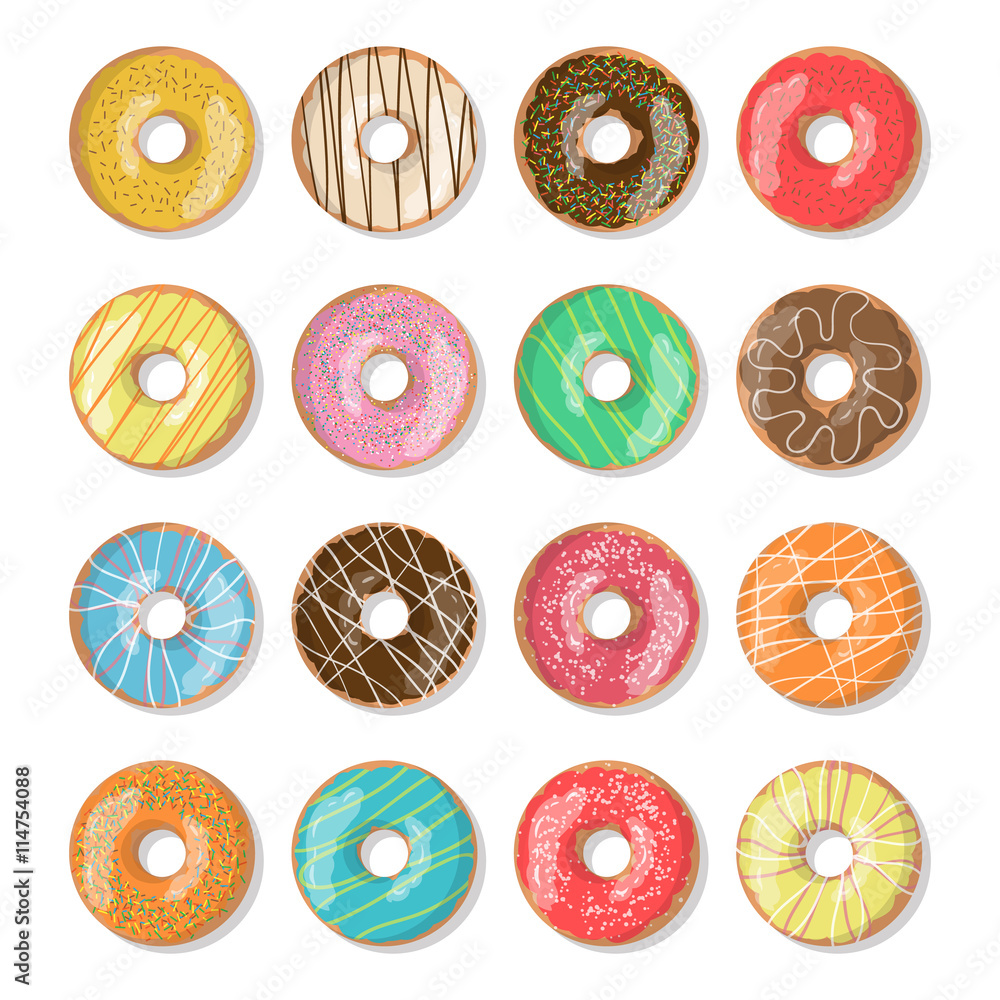 Set of 12 bright tasty vector donuts illustration isolated on the white ...