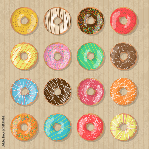 Set of 16 bright tasty vector donuts illustration on the cardboard box background. Doughnut icon in cartoon style for donuts menu in cafe and shop.