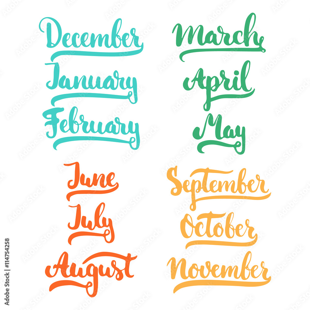 12 month of year - January, February, March, April, May, June, July, August, September, October, November, December,colorful brush ink sign isolated on the white background