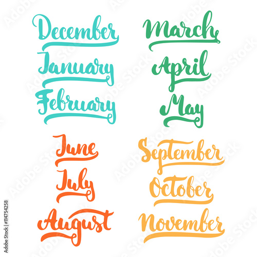 12 month of year - January, February, March, April, May, June, July, August, September, October, November, December,colorful brush ink sign isolated on the white background