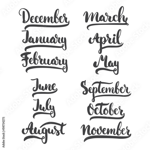 12 month of year - January, February, March, April, May, June, July, August, September, October, November, December, brush ink sign isolated on the white background. Winter, Spring, Summer, Autumn.