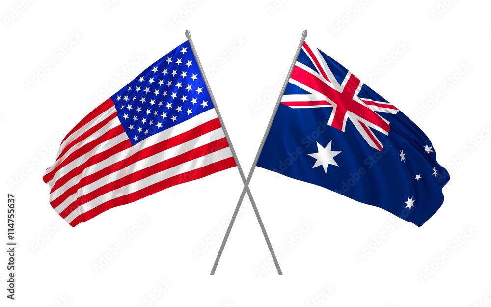 3d illustration of USA and Australia flags waving in the wind