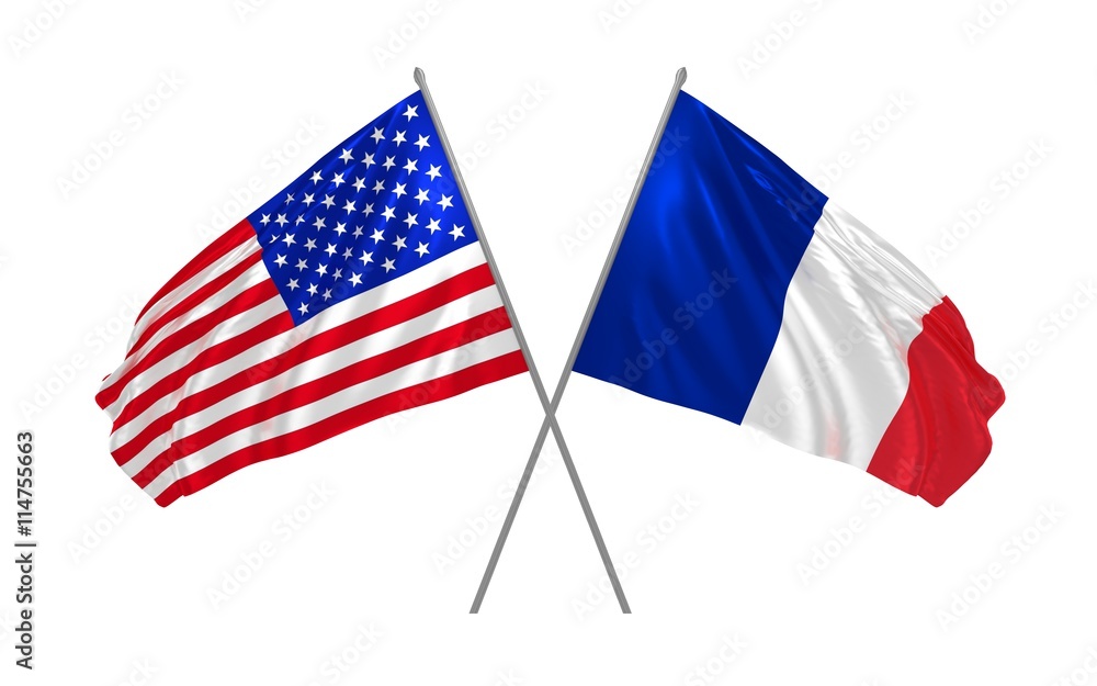 Fototapeta premium 3D ilustracji flagi USA i Francji na wietrze
