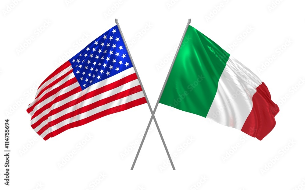 Fototapeta premium 3D ilustracja flagi USA i Włoch na wietrze