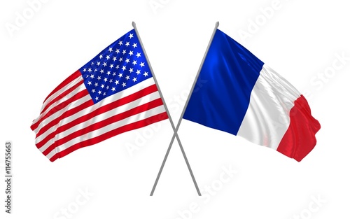 3d illustration of USA and France flags waving in the wind