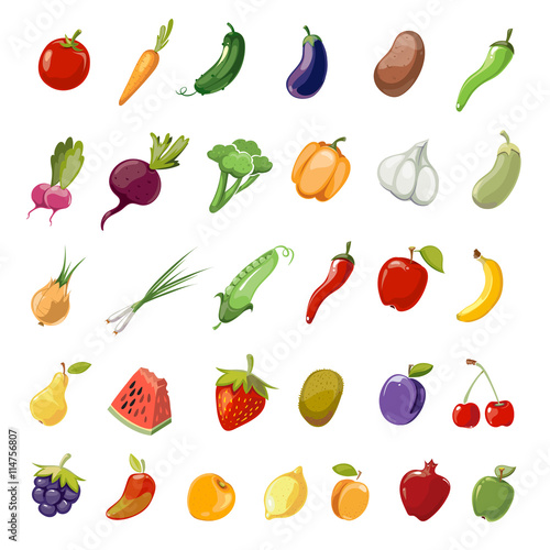 Fototapeta Naklejka Na Ścianę i Meble -  Cartoon fruit and vegetables organic healthy. Vector icons collection of fruit cherry, pomegranate and kiwi. Set of vegetables eggplant, carrot and cucumber illustration