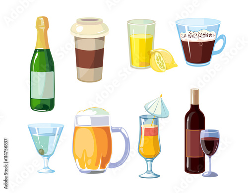 Alcoholic and non alcoholic drinks. Different beverages with bottles and glasses. Vector icons