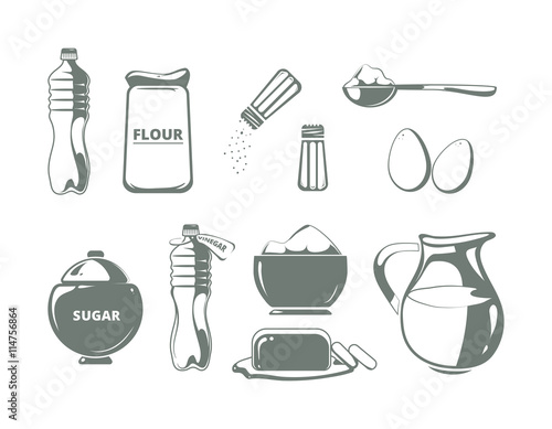 Baking ingredients monochrome vector set. Ingredient for cooking, illustration butter and flour for baking