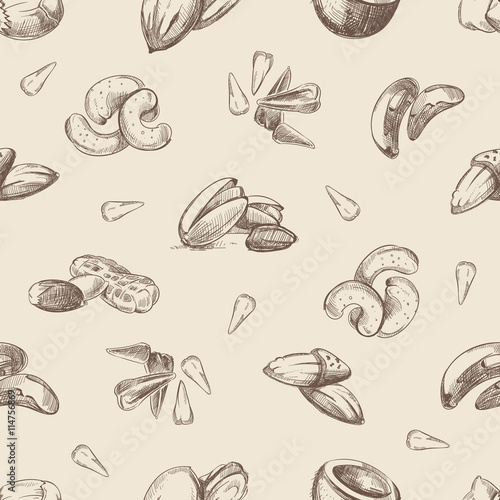 Nuts hand drawn doodles seamless pattern. Almond and pecan nut, endless pattern with nuts illustration