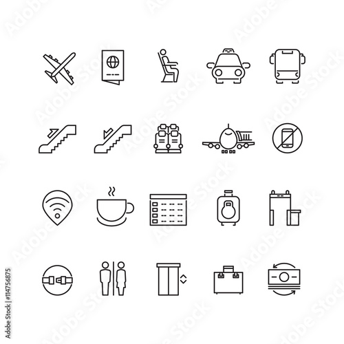 Airport thin line vector icons. Signs for airport wifi and coffee. Service airport for passenger illustration