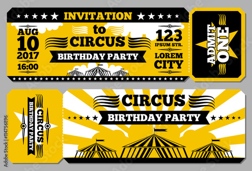 Circus ticket birthday card vector mockup. Invitation to birthday, illustration invitation template for circus