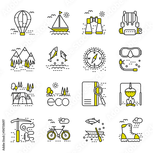 Eco tourism icons set on white background.