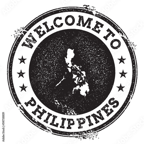 Vintage passport welcome stamp with Philippines map. Grunge rubber stamp with Welcome to Philippines text, vector illustration.