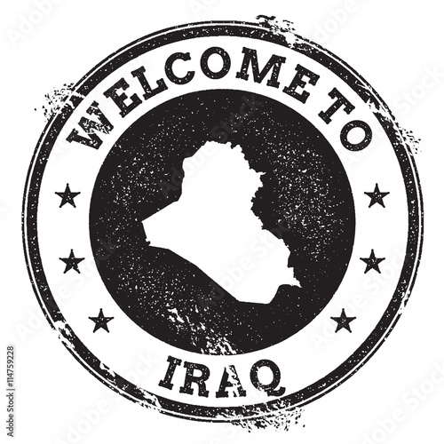 Vintage passport welcome stamp with Iraq map. Grunge rubber stamp with Welcome to Iraq text, vector illustration.