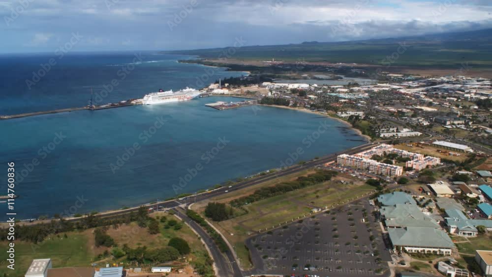 Over Kahului toward cruise ship in harbor. Shot in 2010. Over Kahului toward cruise ship in harbor. Shot in 2010.