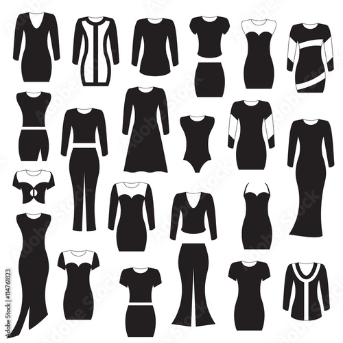 Fashion icons collection, black isolated on white background, vector illustration.