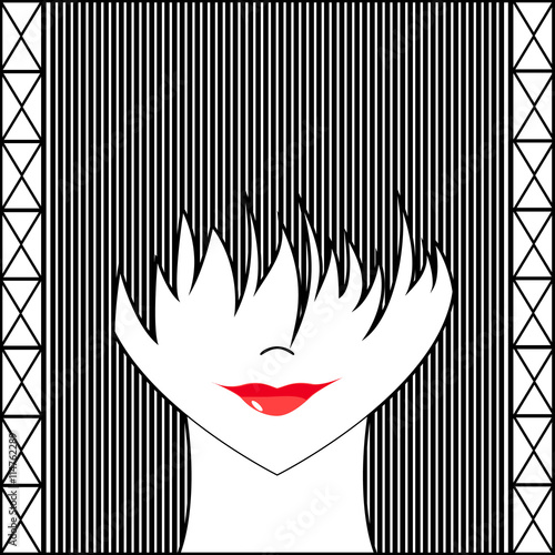 Stylized girl with face covered long bangs. Noface woman photo