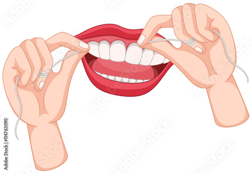 Flossing teeth on white background