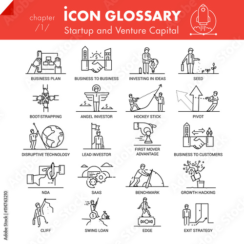 High quality outline icons pack of startup business and venture capital. Flat linear symbol collection. Trendy web graphics
