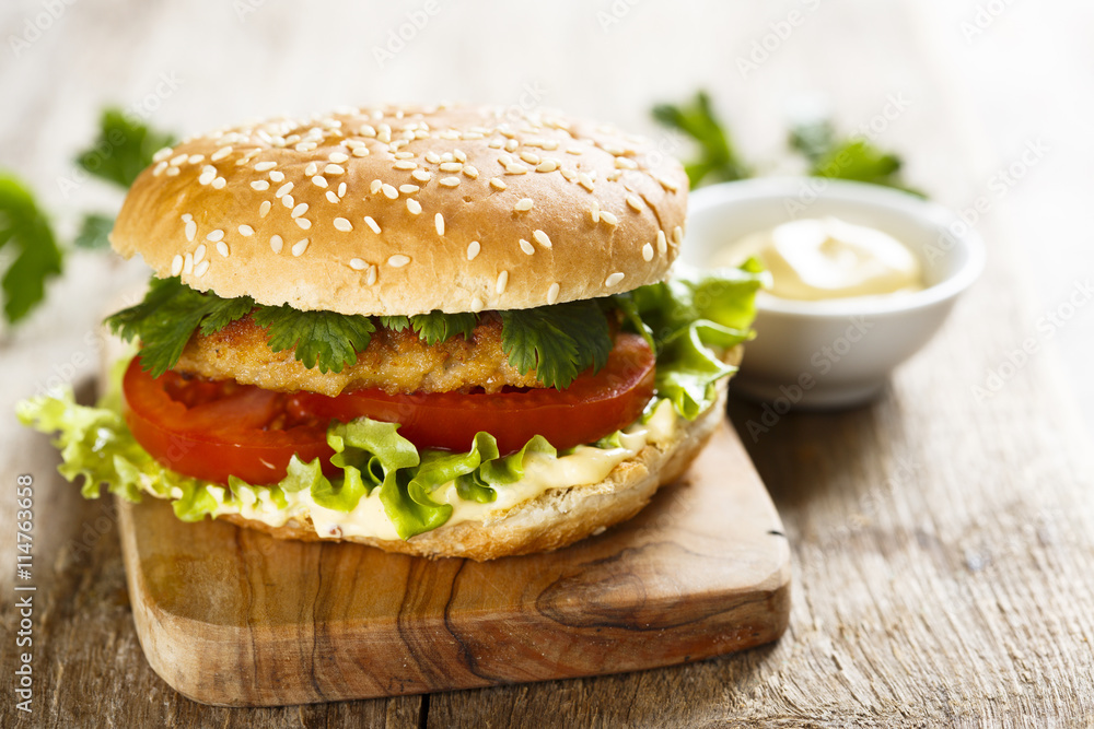 Chicken burger with cilantro and vegetables