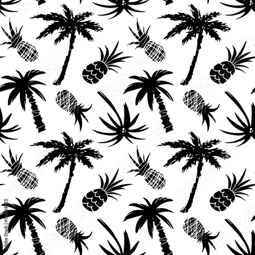Seamless pattern with palm trees, pineapples