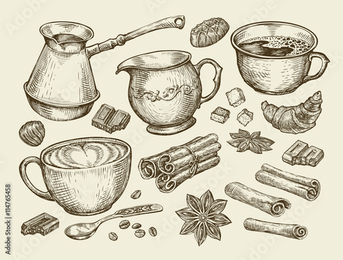 Food, tea, coffee. Hand drawn cup, cinnamon, anise, creamer, teaspoon, croissant, sugar, beans, chocolate, candy, turk. Sketch vector illustration