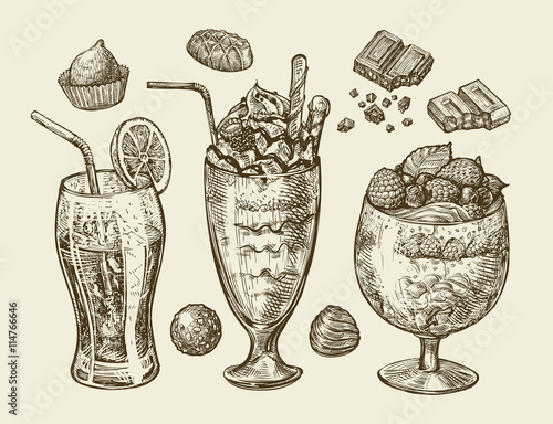Food, dessert, drinks. Hand drawn soda, lemonade, cocktail, smoothie, milkshake, mixed drink, ice cream, sundae, glass, candy, chocolate. Sketch vector illustration