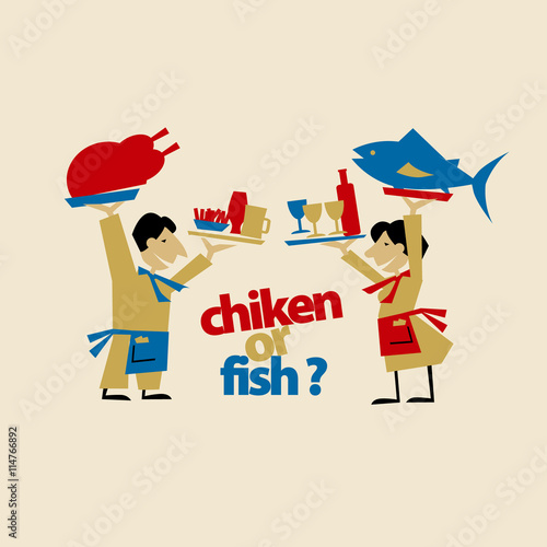 cafe waiters hold meat and fish. simple flat header. vector illu